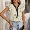Summer Elegant Black Trim V-Neck Ruffle Sleeve Geometric Print Blouse