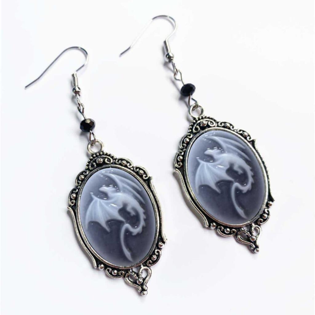 Vintage Gothic Dragon Pendant, Victorian Style, Black & White Cameo Dangle, Antique Earrings