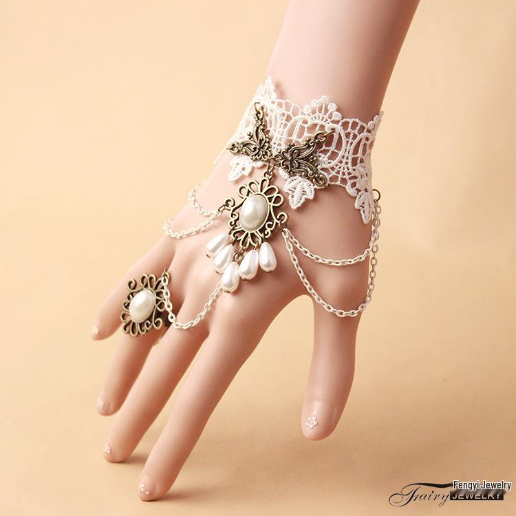 European Gothic Retro Tassel Bracelet with Pearl and Ring Chain