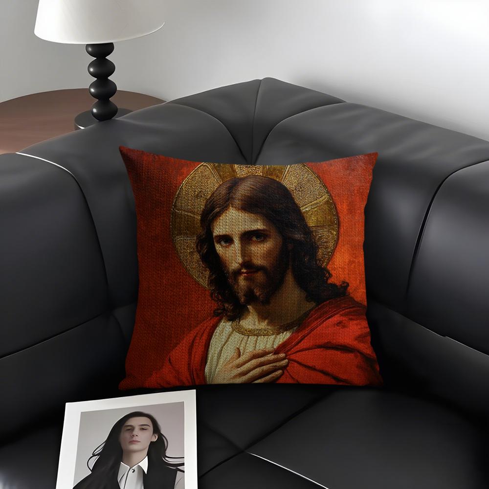 Jesus Christ Portrait Cushion Cover Natural Linen Organic Fabric DoubleSided Printing Sofa Home Decor Gift Pillow Case