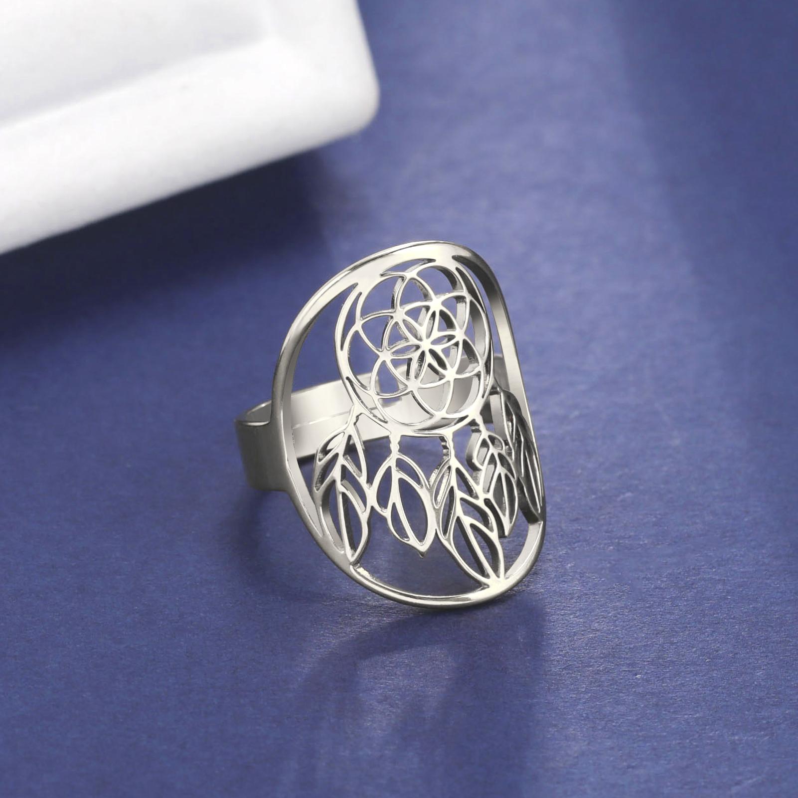 

LIKGREAT New In Dreamcatcher Open Rings Stainless Steel Hollow Adjustable Finger Rings Vintage Jewelry Valentines Day Gift resizable