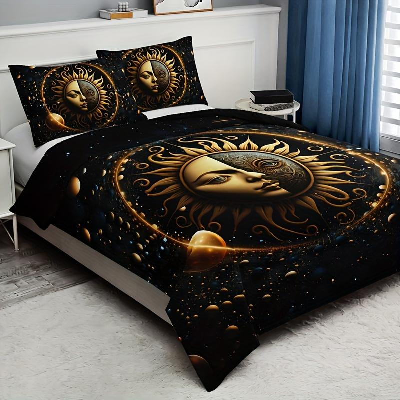 Celestial Sun Moon Stars Duvet Cover Set Golden Printed Bedding Set For Home Decor Includes 1 Duvet Cover And 2 Pillowcases