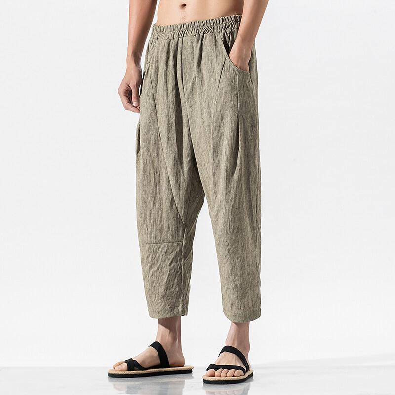 2025 Summer Men Cotton Linen Harem Pants Men Casual Breathable Pants Man Streetwear Trousers Male Bloomers Calf-Length Pants