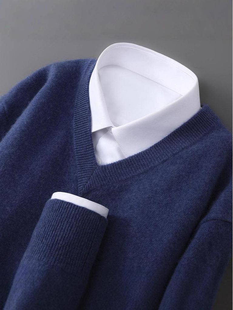 Men's Pure Wool V-Neck Sweater - Loose Fit, Plus Size, Cashmere Blend, Autumn/Winter Collection