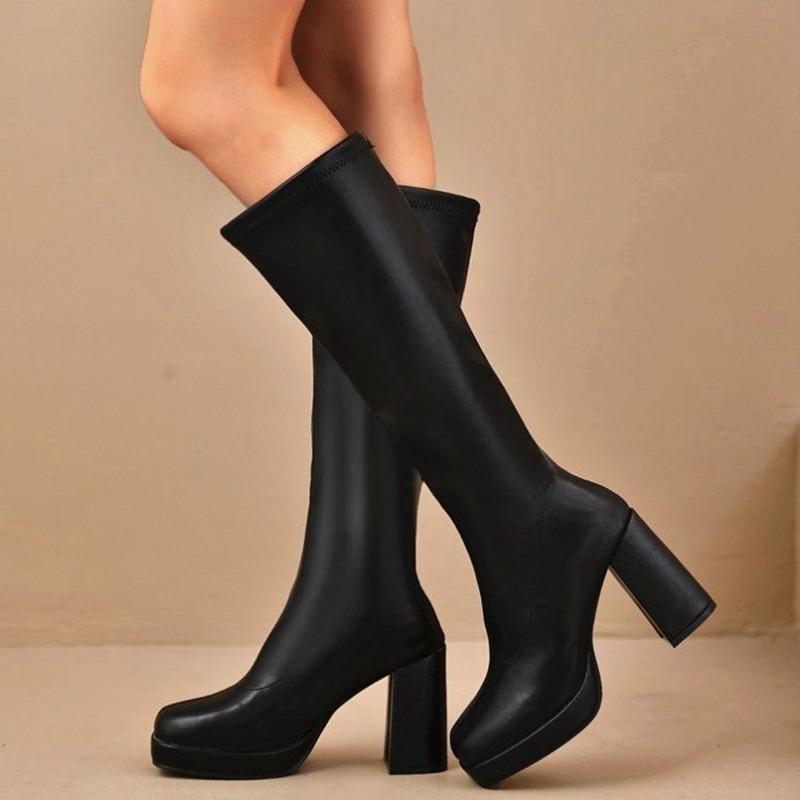 Large-sized Shoes, Round-toed High Boots, Women's Shoes, Chunky Heels for Slimming, Chunky Heels, Knight Boots