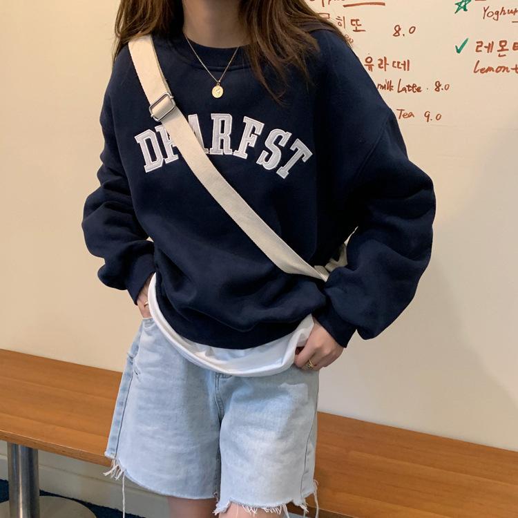 Fleece Thickened Autumn and Winter Letter Printed Sweater Women's Loose Crew Neck Student Long Sleeve Jacket
