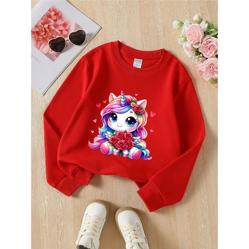 European sizes Crewneck Sweatshirt for Girls with Unicorn, Roses & Wings, Soft Comfy Sportswear for Casual Outings for Kids & Teens