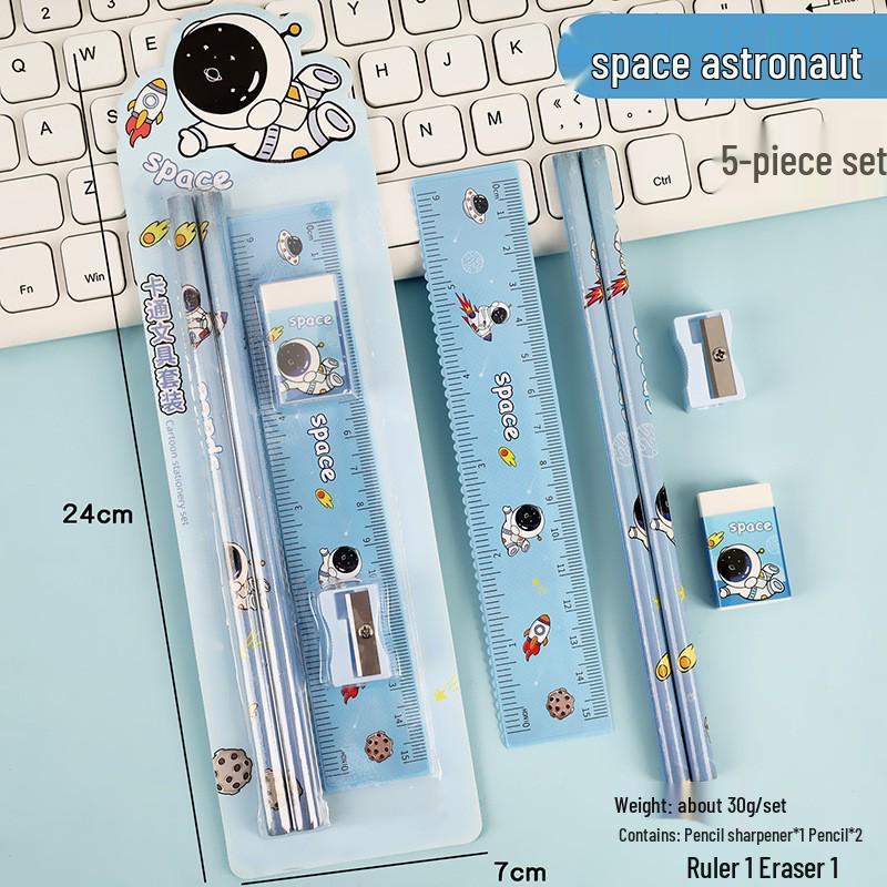 Cartoon Pencil Set: 5-Piece School Reward with Ruler, Eraser, Pencil, & Sharpener