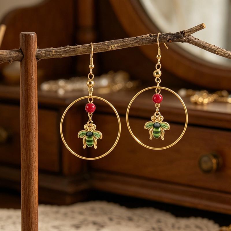 Rust-proof Gold Plated Hoop Dangle Earrings Enamel Bee Charm Red Bead Accent for Women Casual Daily Wear Gift