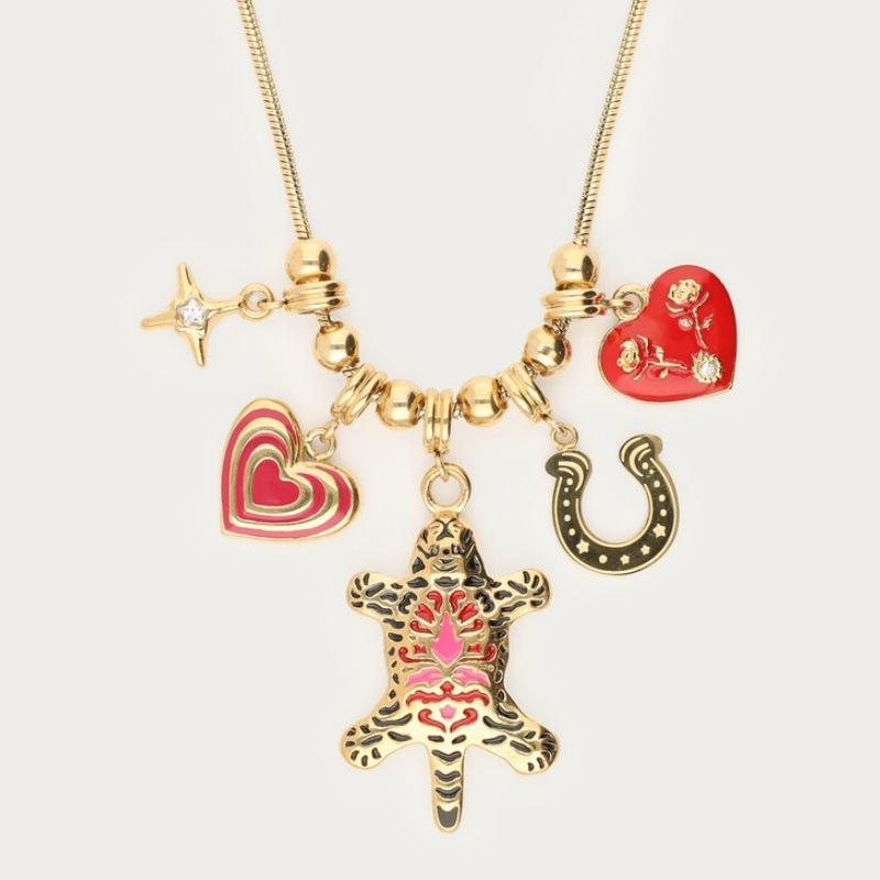 

Stainless Steel Enamel Necklace Tiger Love Multi-Pendant Mix And Match Retro Trendy Cool Popular Single Product Personality Chain