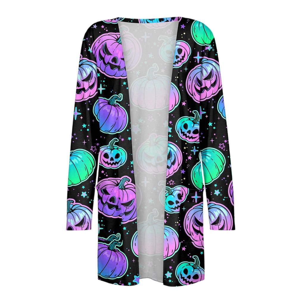 Women's Fashion Casual Comfortable Halloween Printed Mid-Length Cardigan With Pockets Jacket