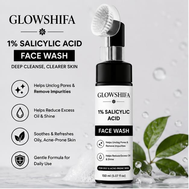GLOWSHIFA Face Wash, Deep Cleansing & Oil Control, with Natural Green Tea Extract, for All Skin Types, 150 Ml (1% Salicylic Acid Facewash)