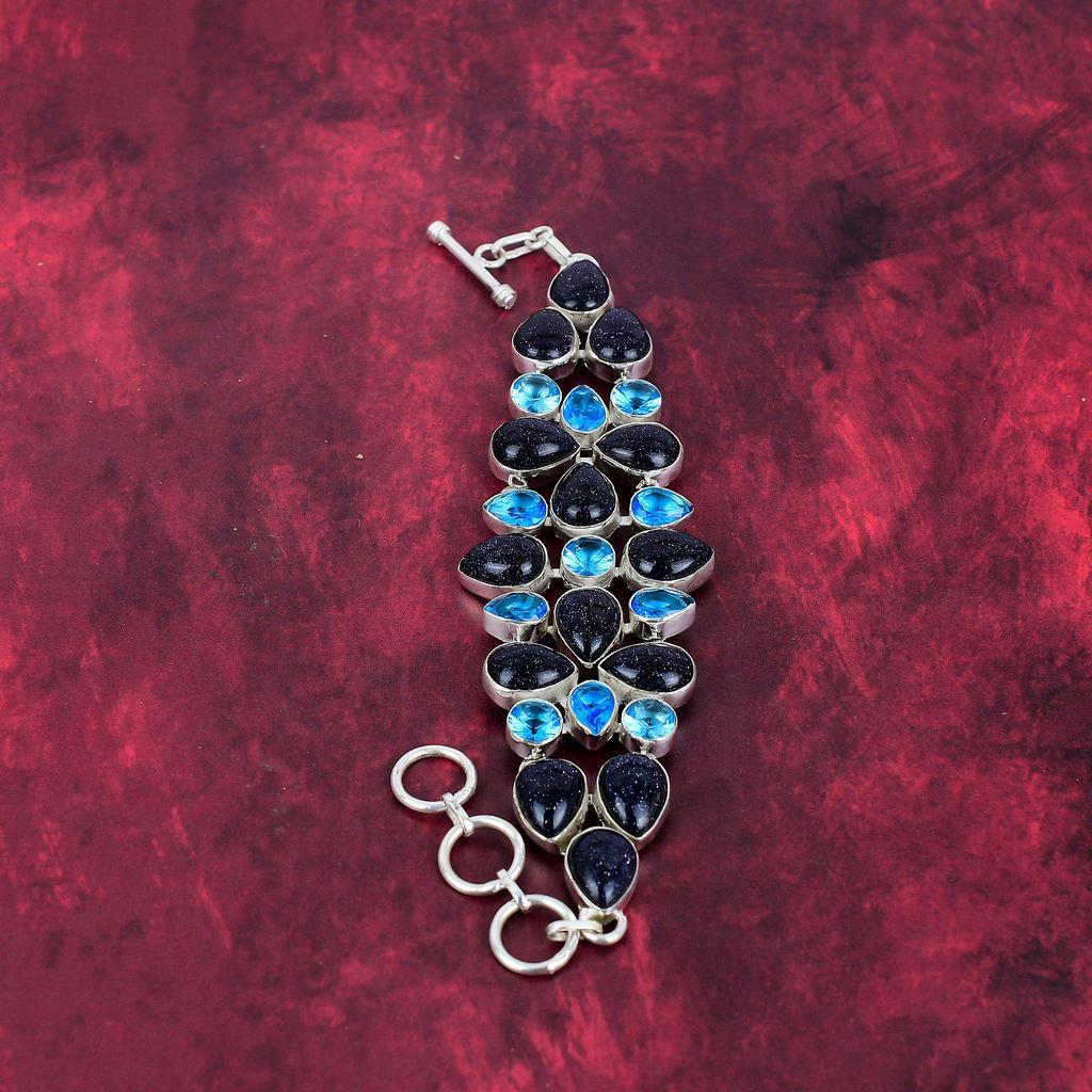 Blue Sunstone, Blue Topaz Bracelet, 925 Solid Sterling Silver Gemstone Jewelry, Handmade Bracelet For Mother Day