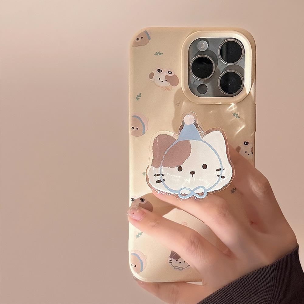 Cute Kitten Bracket Iphone17 Mobile Phone Case Apple 15 Cream Yellow Cartoon 16promax Suitable for 13 Anti Fall 12