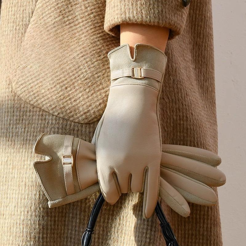 New Leather Gloves Women's Winter Warm Fleece Thickened Touch Screen Winter Driving Finger Gloves