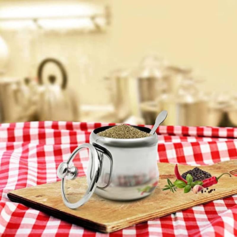 300ml Stainless Steel Sugar Bowl Coffee Seasoning Jar Condiment Pot Spice Container Canister Cruet with Lid and Spoon