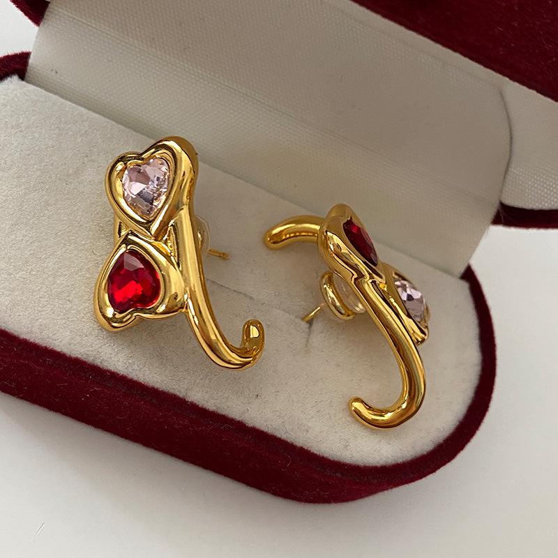 Double Love Stud Contrasting Colors Ruby Women'S Style Fashion Retro Temperament Atmospheric Light Luxury High-End