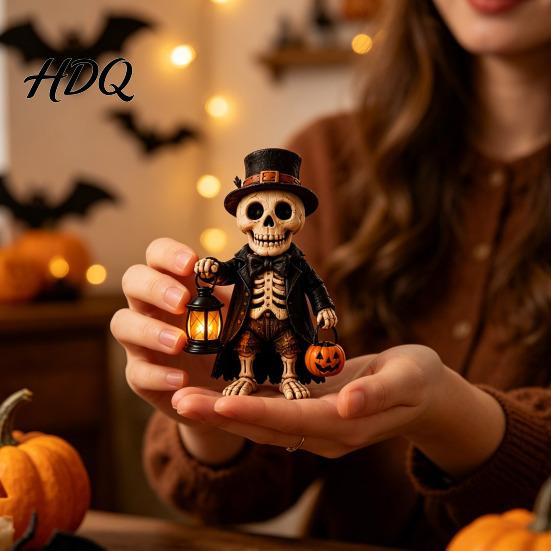 Desktop Decorative Statues Wooden Halloween Figurine with Lantern Pumpkin Scarecrow Skeleton Mummy Ghost Witch Gift for Kids Statue Rustic Farmhouse