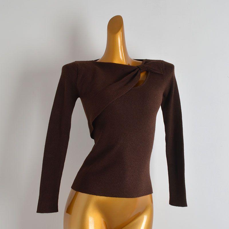 French Style New Arrival Pure Color Asymmetrical Bows Hollow out Sweater Knitwear Women's Clothing Fall/Winter Slim Long Sleeves Bottoming Shirt