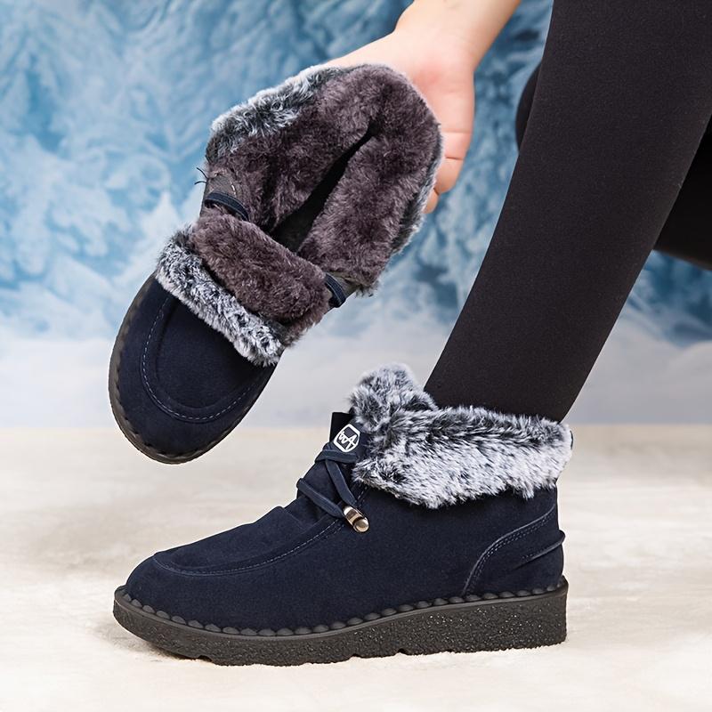 Women'S Winter Ankle Boots - Cozy Fleece-Lined Round Toe Lace-Up Boots with Thick Sole, Black & Gray Plush Design, for Cold Weather