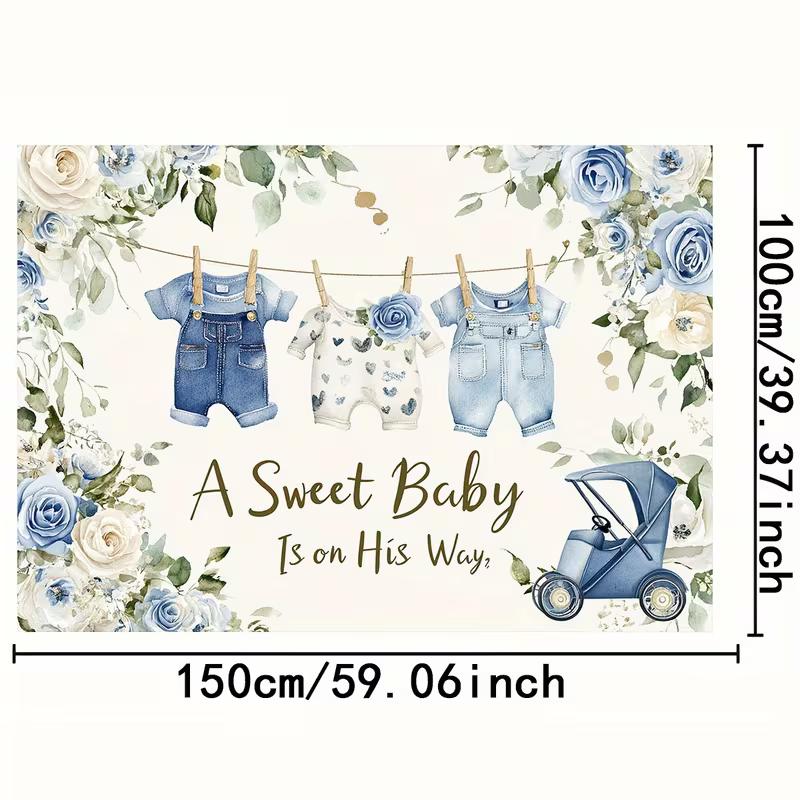 2D Boy Baby Shower Backdrop, Denim Outfits & Blue Roses Background for Photoshoot