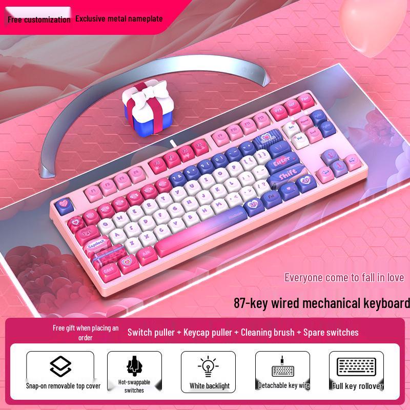 Moa Theme 87-Key Wired Mechanical Gaming Keyboard – Cute PBT Design for Office or E-sports