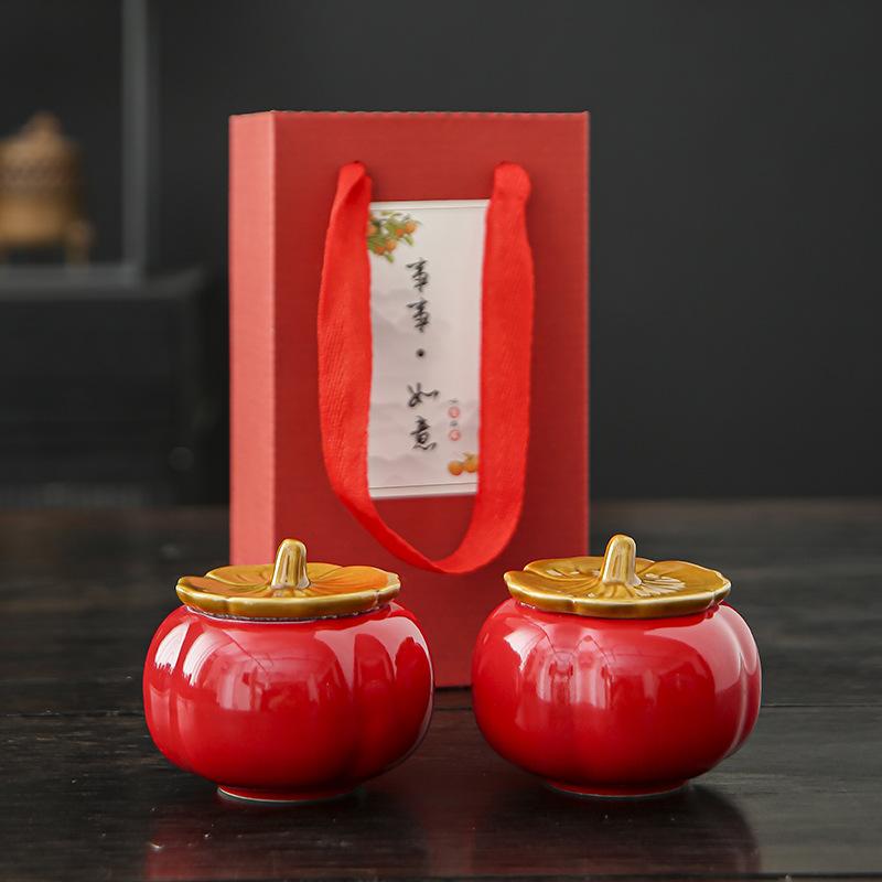 Persimmon Ruyi Red Tea Can Ceramic Persimmon Happy Candy Can Creative Wedding Annual Meeting Gift Sealed Jar