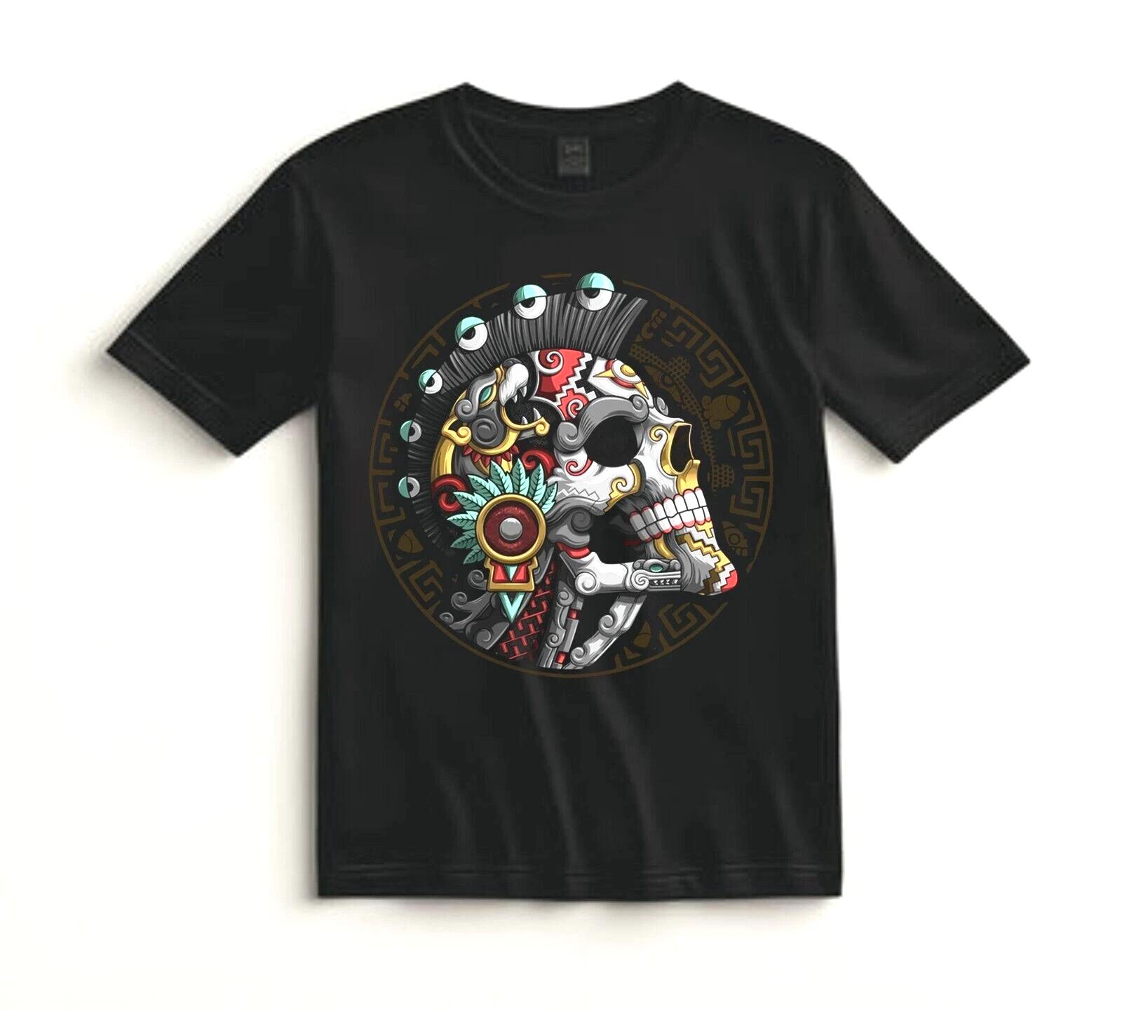 Aztec Warrior Skull Shirt Tribal Art Graphic Tee Gift for Tattoo Lovers S
