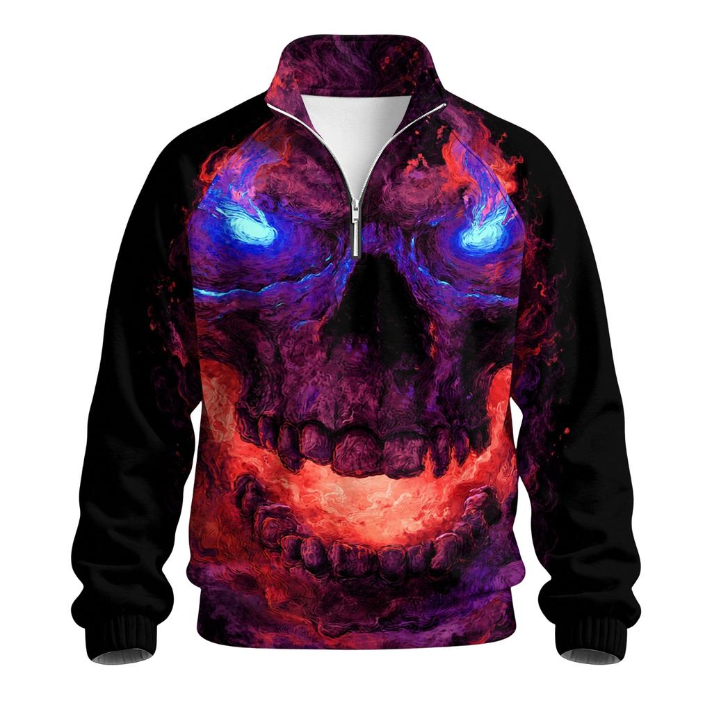 Men's Loose Fit Raglan Sleeve Sweatshirt with Stand Collar and Halloween Print for Parties and Daily Wear