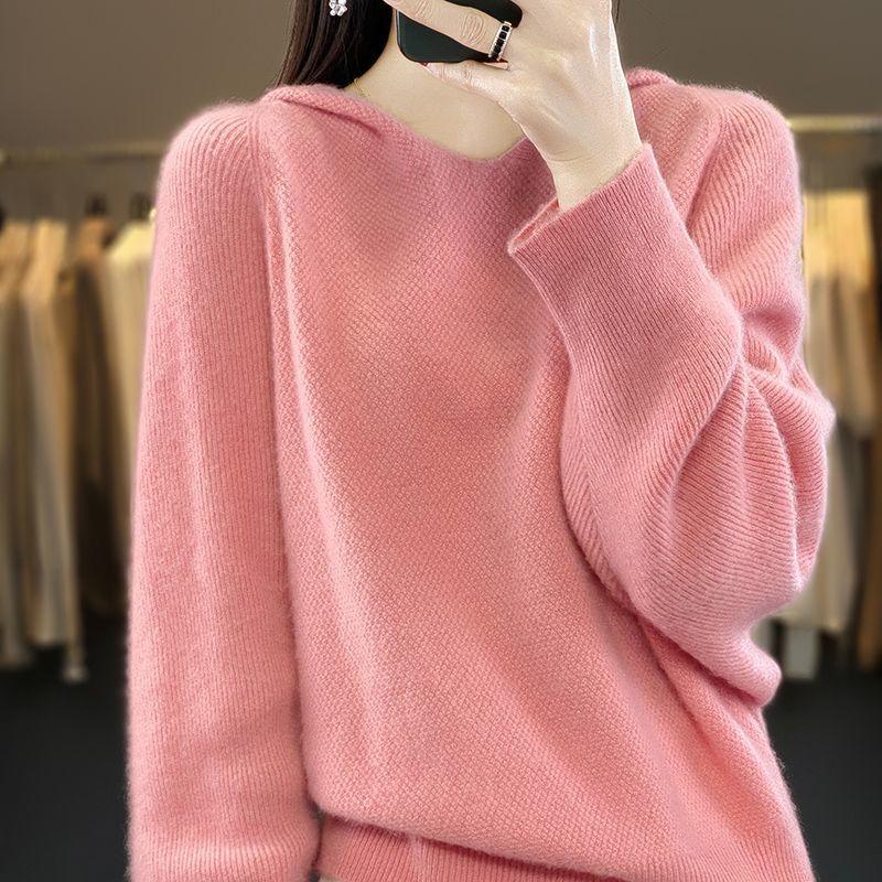 Autumn and Winter Knitted Sweaters Hoodies Women's Hooded Knitted Sweaters Loose and Warm V-neck Pullovers for Women