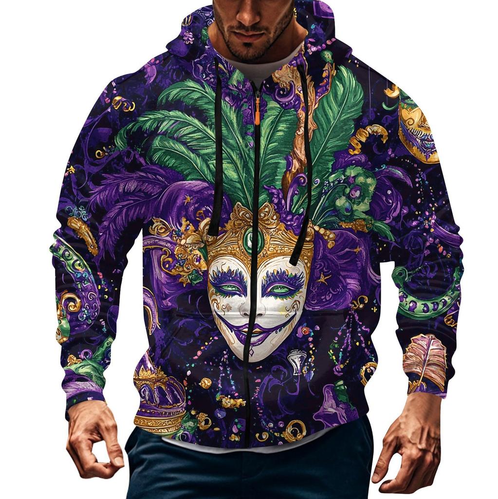 Men's Sports Casual Fleece Hoodie Carnival Print Hoodie Cardigan Zipper Multi-pocket Hoodie Coat