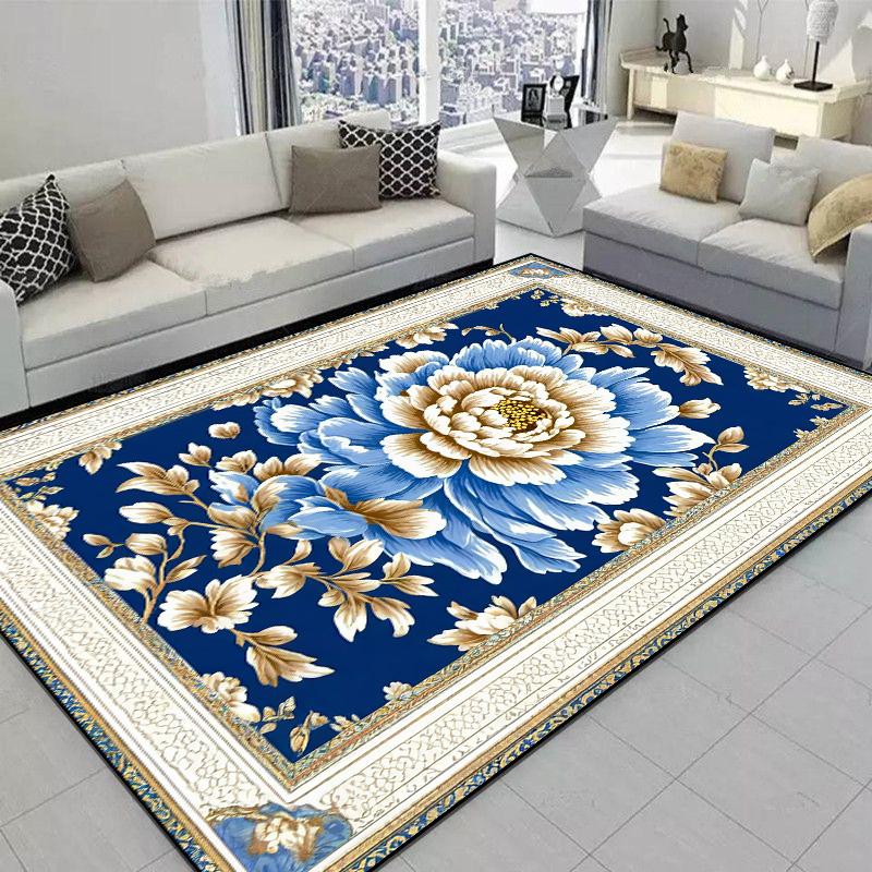 Carpet for Living Room European Classical Blue Flower Carpet Non-slip Bedroom Large Area Floor Mat Washable Cloakroom Lounge Rug