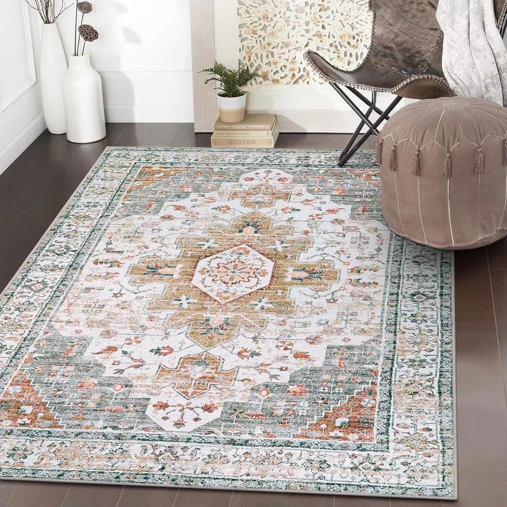 Boho Entry Throw Rug Vintage Oriental Medallion Carpets for Living Laundry Room Non Slip Sofa Bedroom Floor Mat Home Decor