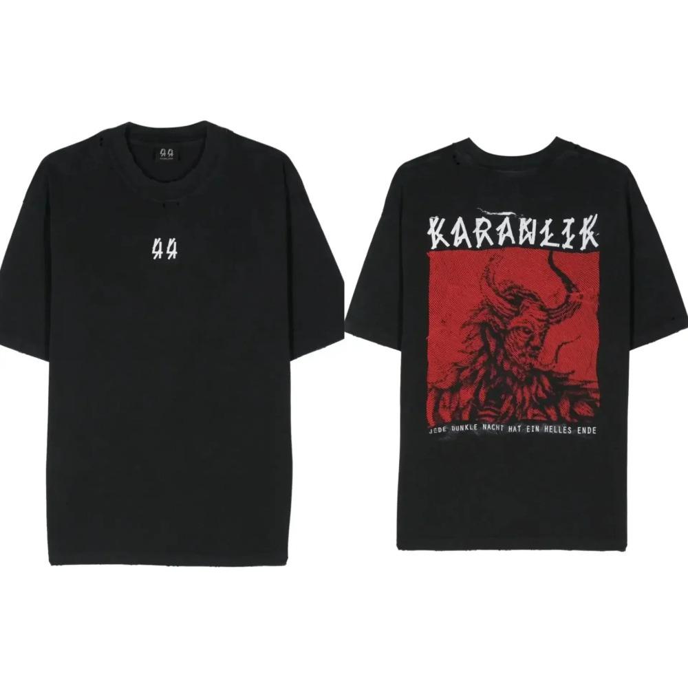 44 Gruppo di Etichette "Sole Morente" Maglietta Oversize Double-Sided, Maglietta Streetwear con Logo Usurato, Top Casual Unisex