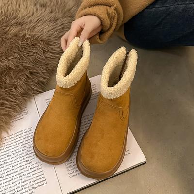 Bottes de neige à semelles épaisses pour femmes automne et hiver nouvelle mode velours bottines courtes à talons moyens à semelles plates épaissies chaussures en coton pour femmes