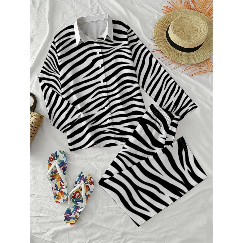Black and White Zebra Print Loose Shirt Wide-leg Pants Two-piece Design Retro Casual Long-sleeved Trousers Suit