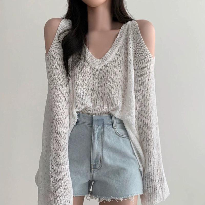 Women Hollow Out V-Neck Off Shoulder Sweater Loose Long Sleeve Knit Thin Jumpers Streetwear Tops For Women 2026 Fall Winter