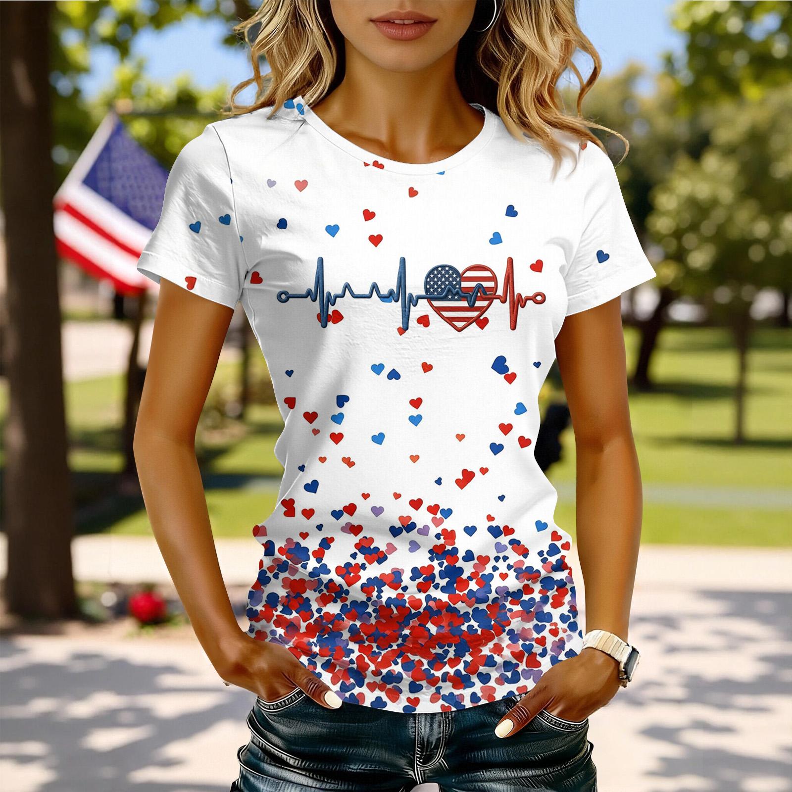 

0 Anniversary USA Shirt Women Trendy Print Patriotic American Flag Tops Pullover Casual Loose Short Sleeve T Shirts XXXL білий