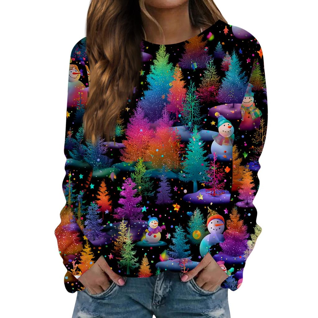Damen Modisches Lässiges Langarm Retro Weihnachts Schneemann Print Rundhals Oberteil