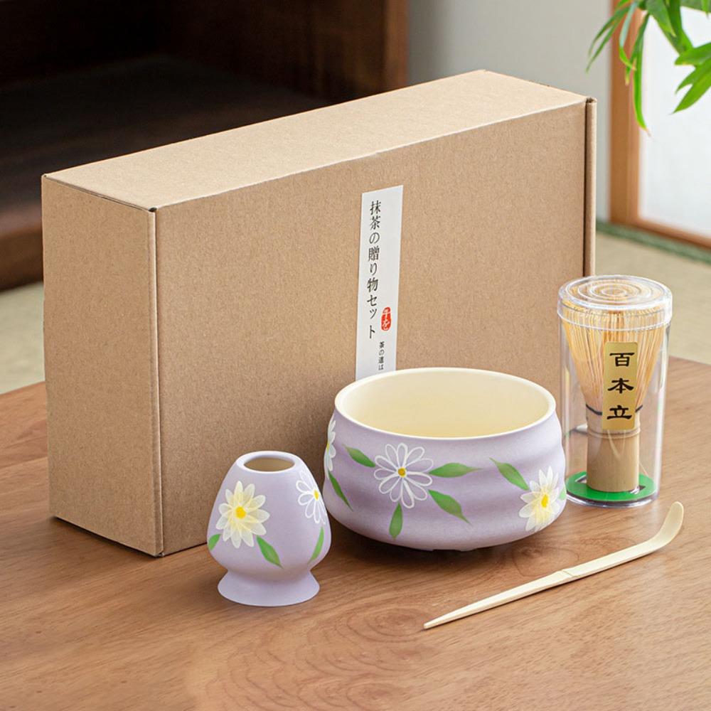 4Pcs/Set Bamboo Ceramic Japanese Matcha Blender Set with Matcha Brush Teaspoon Matcha Bowl