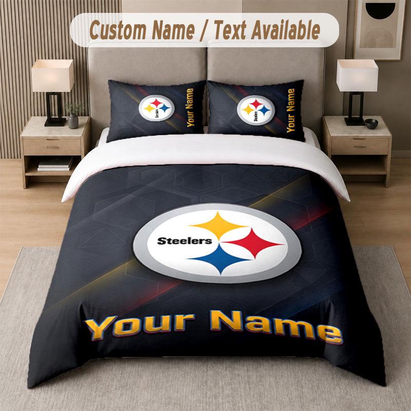 Custom Bedding Set Pittsburgh Steelers Pattern, Print Name Text 1 Duvet Cover Plus 2 Pillowcases Home Textile
