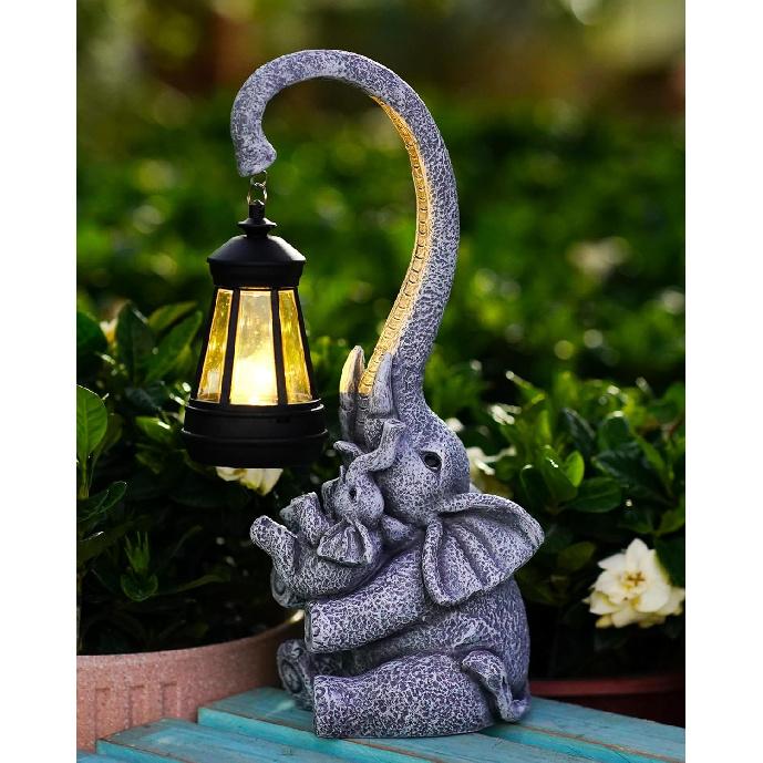 Elephant Outdoor Statues with Cute Baby Garden Decor, Resin Elephant Figurines with Solar Lantern Outdoor Decoration Gifts for Mothers Day, Birthday