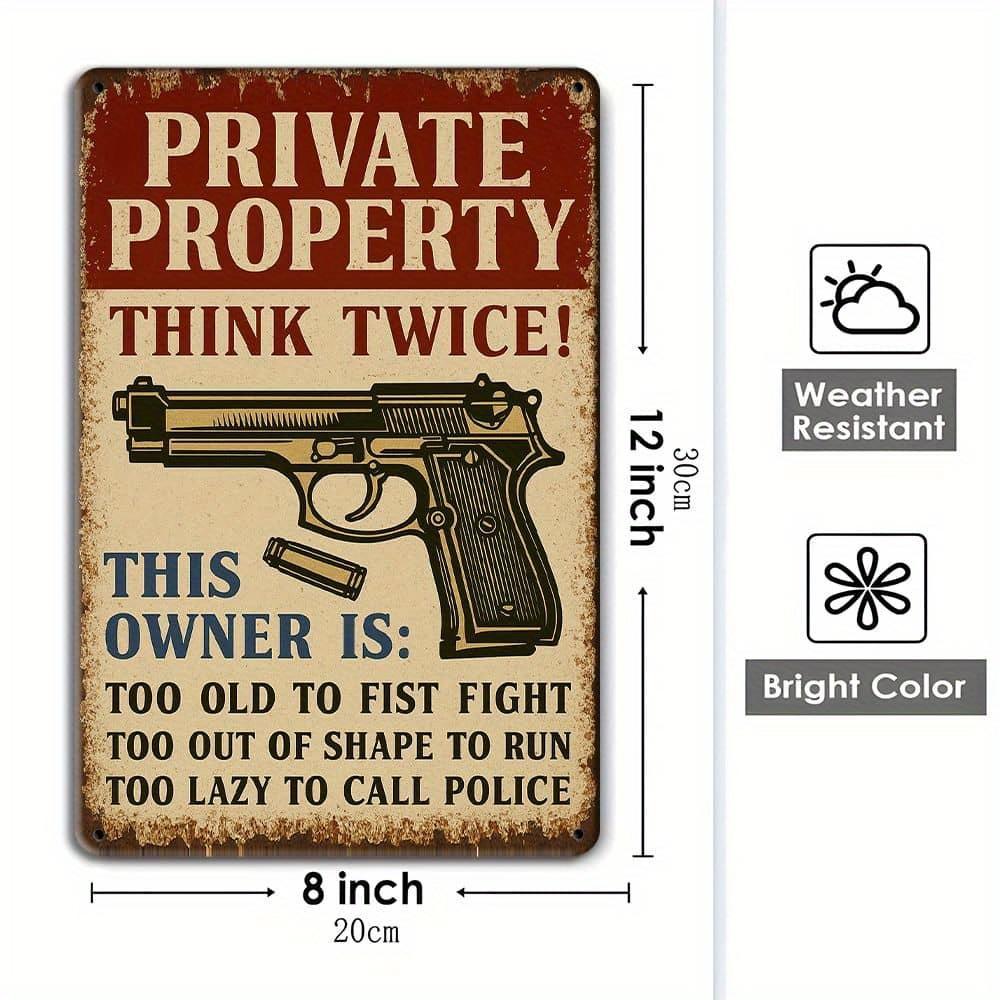 "Private Property Warning" retro metal sign, 12x8 inch.