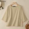 ZANZEA Women Casual Round Neck Solid Color 3/4 Sleeve Loose Blouse