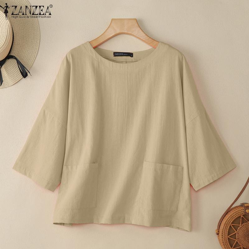 ZANZEA Women Casual Round Neck Solid Color 3/4 Sleeve Loose Blouse