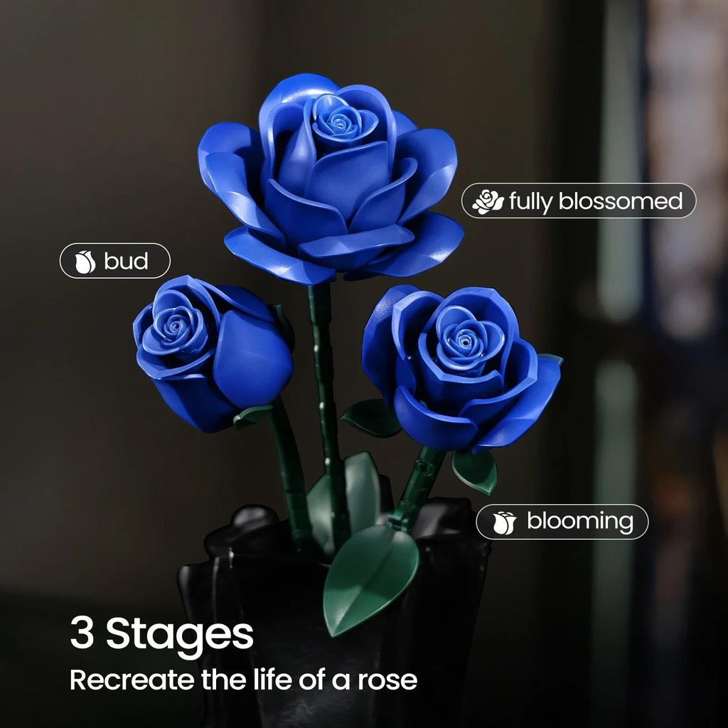 Blue Rose Blocks Flowers Building Set Artificial Roses Wedding Floral Decorations Bricks Toys Valentines Birthday Gift for Adult