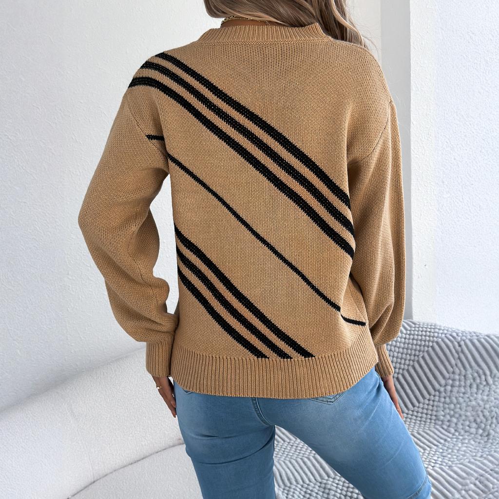 Women's Casual Striped Round Neck  Long Sleeve Pullover Sweater