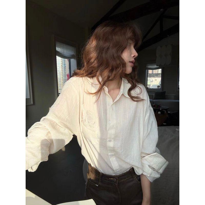 

All in Thirteen Rows 2025 French Retro Pocket Embroidered Shirt Loose Single Breasted Long Sleeve Shirt Top Women Apricot color One size