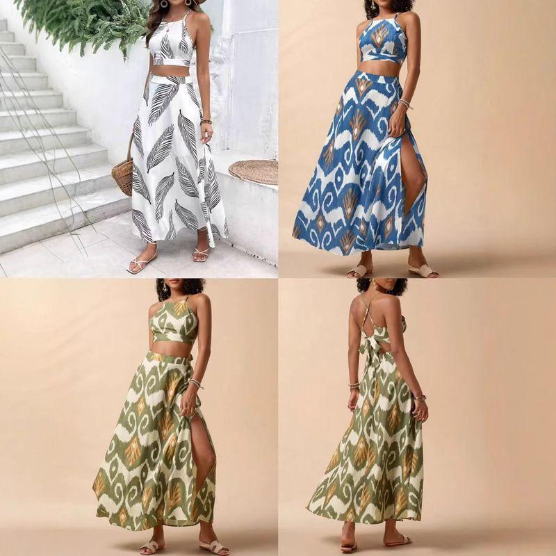 New Vacation Print Elegant Two-piece Set Sling Sleeveless Top and Slit Skirt sets Women