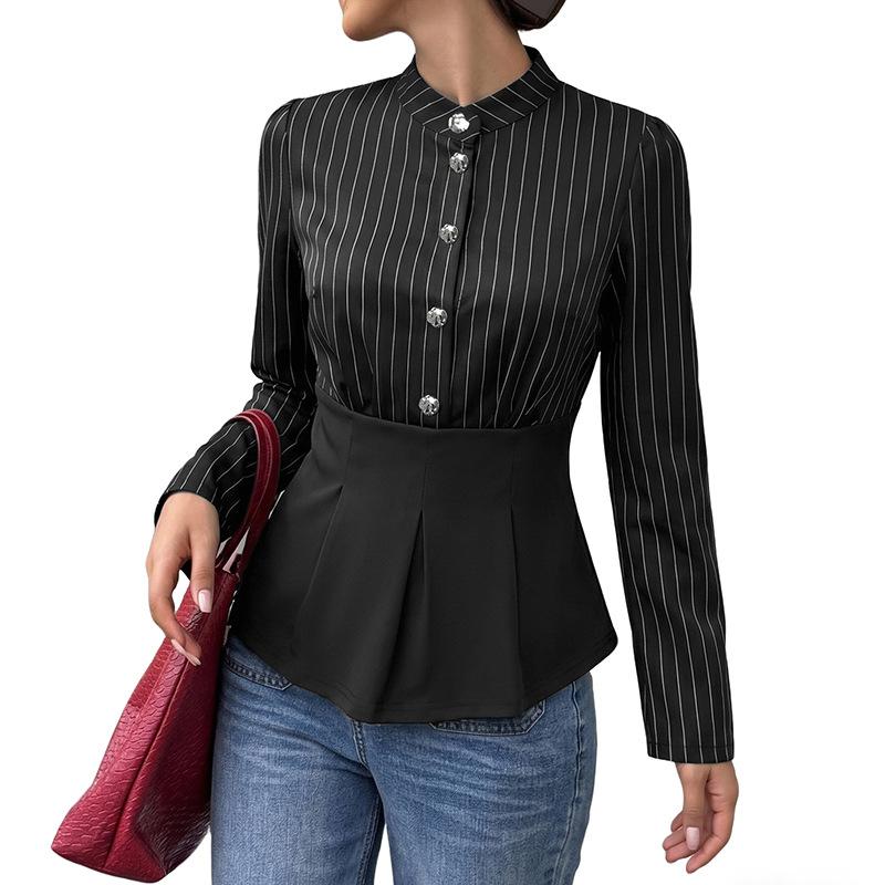 High-end Lady's Shirt - New Autumn Early Season Style with Striped Waistline and Patchwork Design for Business Casual Long-sleeved Shirt